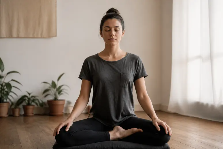 Personne assise en tailleur sur un zafu pour pratiquer la méditation et le chin mudra.