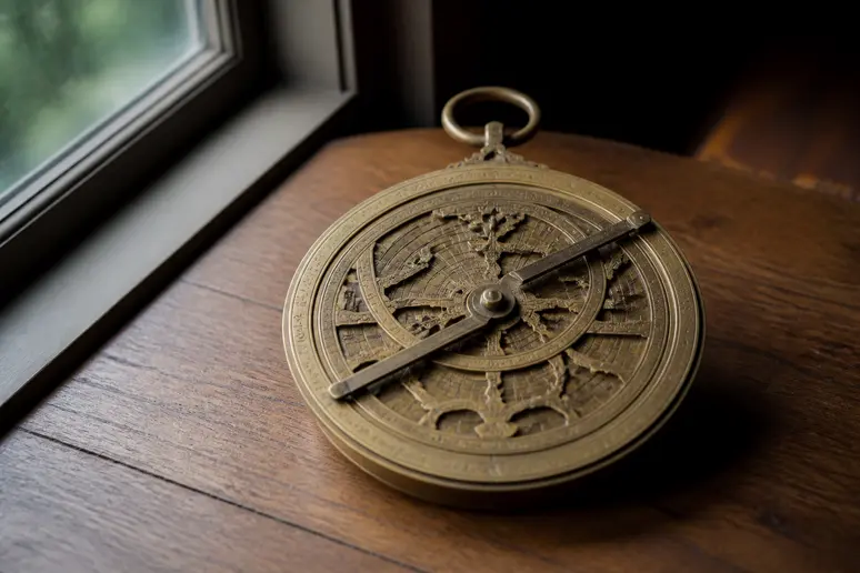 Astrolabe en laiton posé sur un bureau en bois près d'une fenêtre pour observer les mouvements stellaires