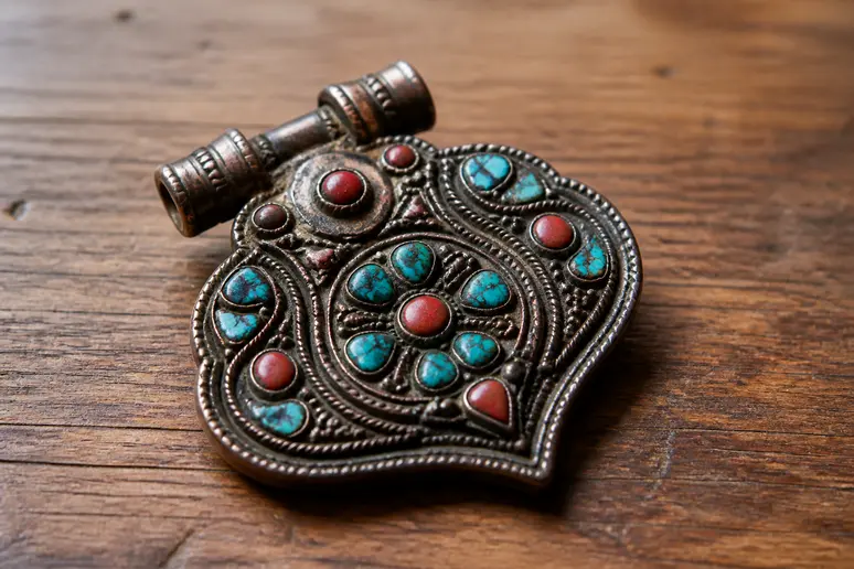 Gau tibétain en cuivre ciselé et incrusté de turquoise et de corail.