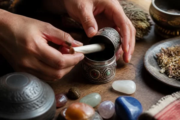 Mains préparant un précieux gau tibet traditionnel avec des rouleaux de mantras et des cristaux