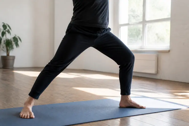 Posture de yoga stable sur tapis illustrant l'ancrage et la géométrie corporelle