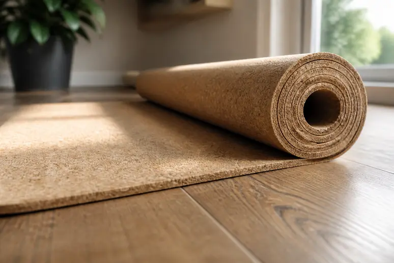 Tapis de yoga en liège naturel Kaizenly Pro déroulé sur un sol en bois avec une épaisseur de cinq millimètres.