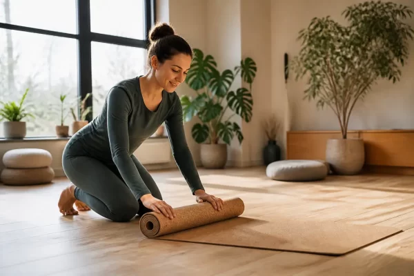 Pratique du yoga sur un tapis kaizenly en liège naturel dans un salon lumineux
