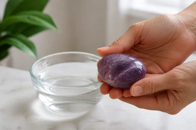 Mains tenant délicatement une pierre de lépidolite pour une séance de purification