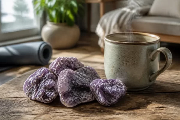 cristaux de lepidolite vertu posés sur une table en bois avec une tasse de thé