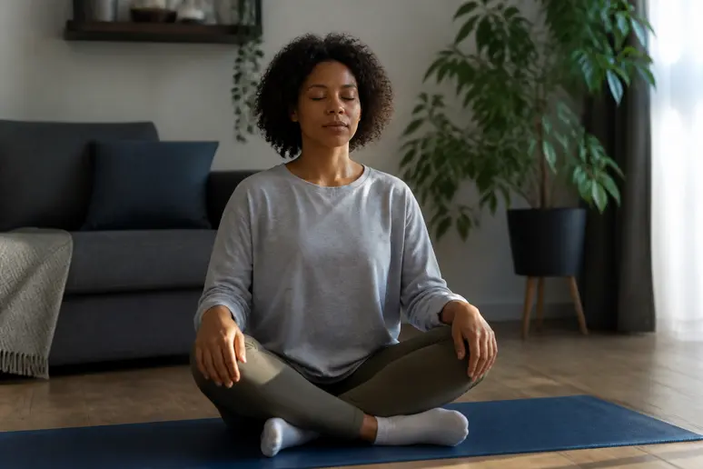 Personne assise en tailleur sur un tapis pratiquant la respiration consciente et l'ancrage somatique
