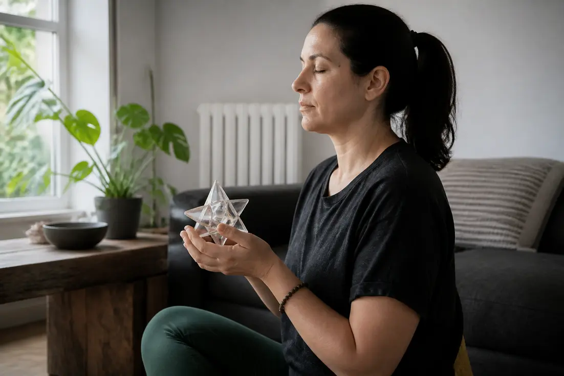 Une personne tenant un modèle géométrique lors d'une séance de merkaba danger à la maison.