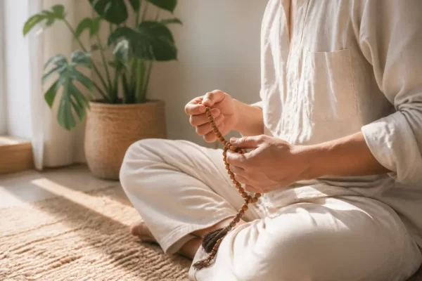 Mains tenant un mala traditionnel en bois pour pratiquer le mantra om mani padme hum bienfait au quotidien