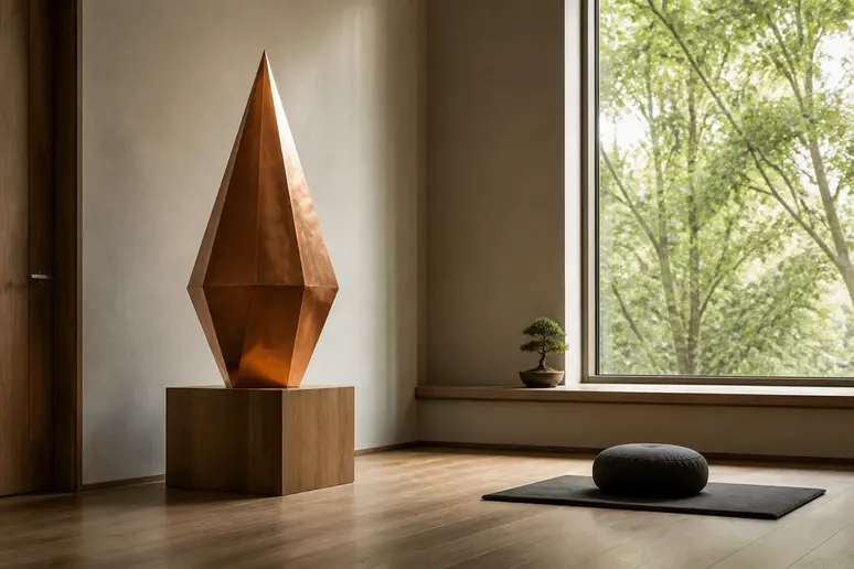 Structure géométrique en cuivre posée seule sur un socle en bois dans une pièce lumineuse et épurée.