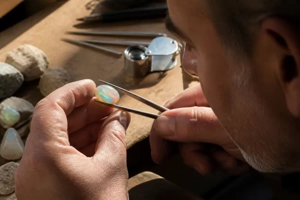 Examen minutieux de l'opale couleur naturelle à la lumière du jour sur un établi d'atelier