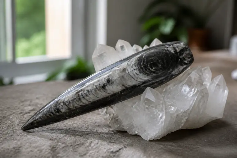 Fossile d'orthoceras posé sur un amas de cristaux de quartz transparents.