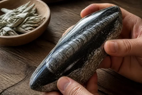 Un fossile d'orthoceras délicatement tenu près d'un bol en bois sur une table lumineuse.