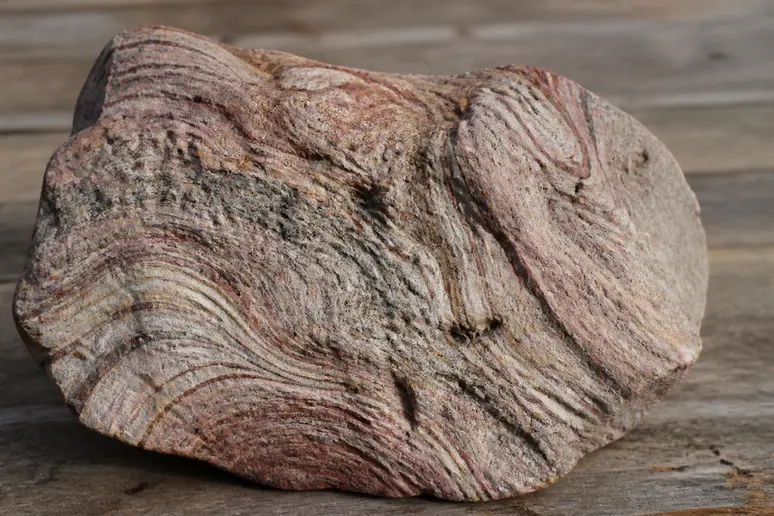 Spécimen de rhyolite brute posé sur une table en bois montrant ses motifs fluidaux naturels