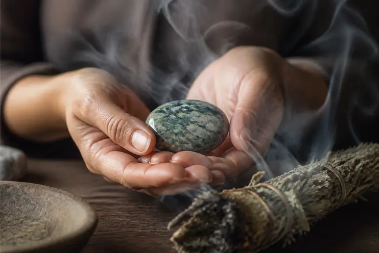 Purification d'une pierre de rhyolite par fumigation naturelle douce avec des herbes séchées