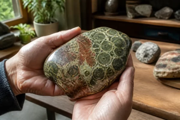 Un galet de rhyolite aux motifs uniques posé sur une table en bois naturel