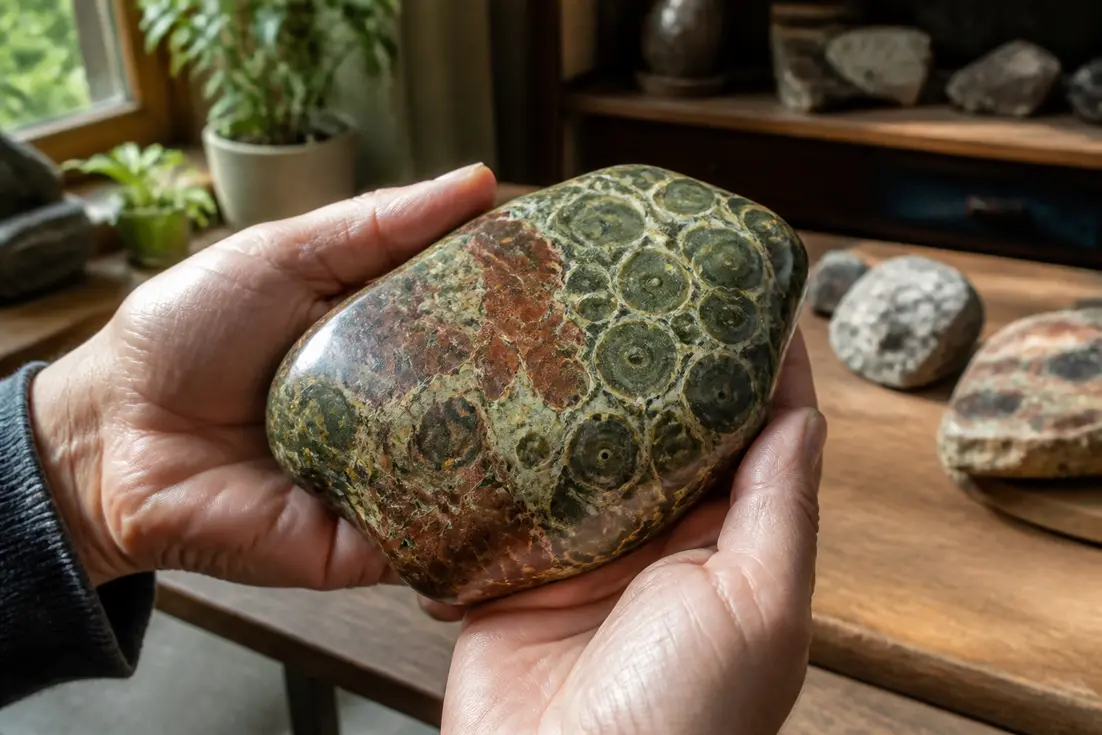 Un galet de rhyolite aux motifs uniques posé sur une table en bois naturel