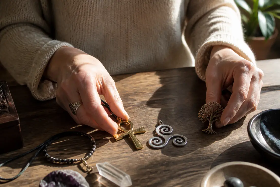 Mains déposant un bijou en forme de symbole de la vie sur une table en bois.