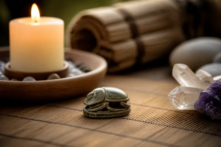 Petit scarabée en pierre sculpté posé sur un tapis de méditation près de cristaux.