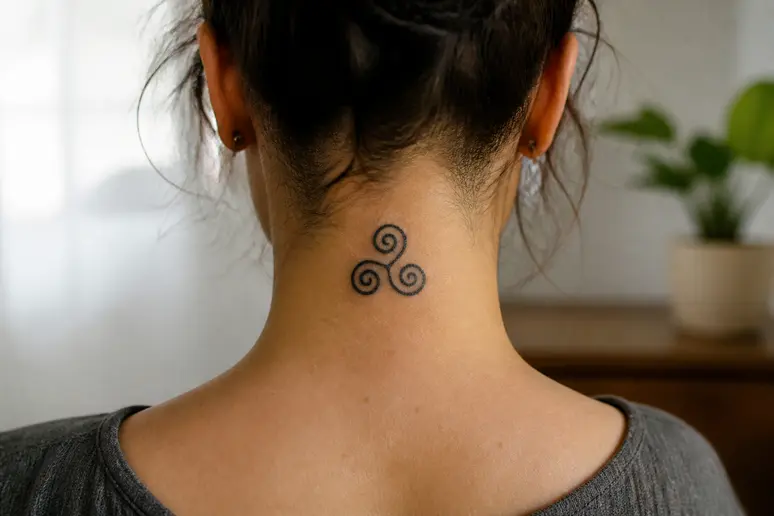 Gros plan sur un tatouage karma minimaliste et discret placé sur la nuque.