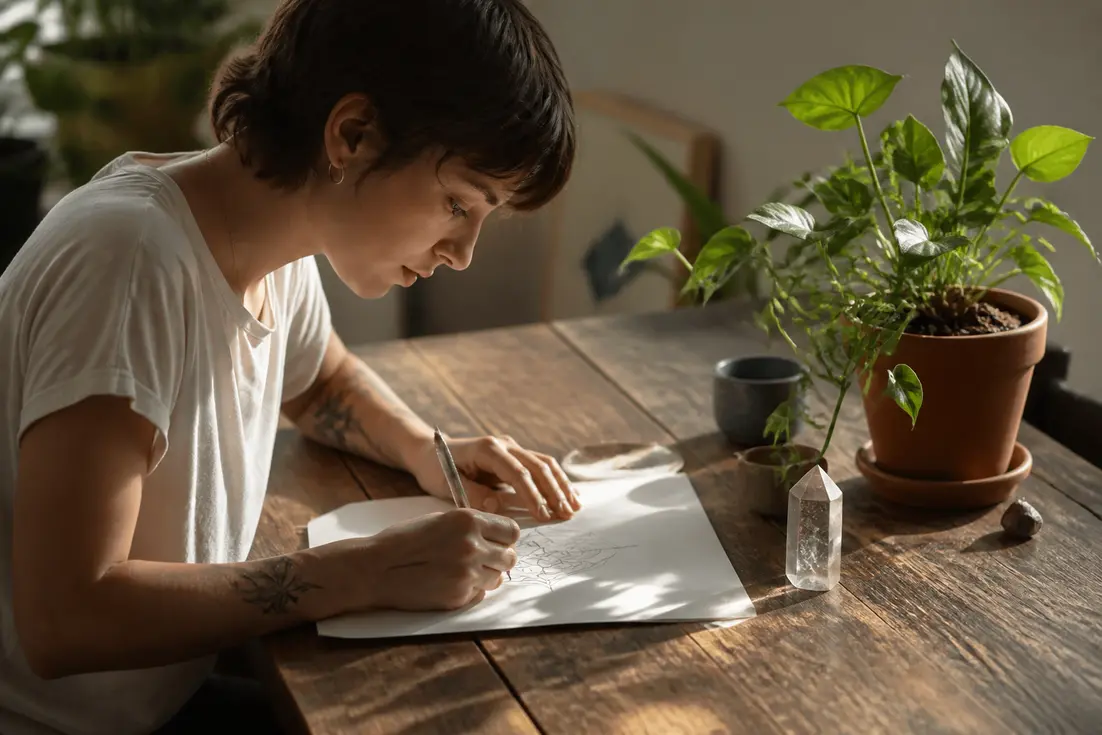 Une personne dessine un motif pour un projet de tatouage karma sur une feuille de papier.