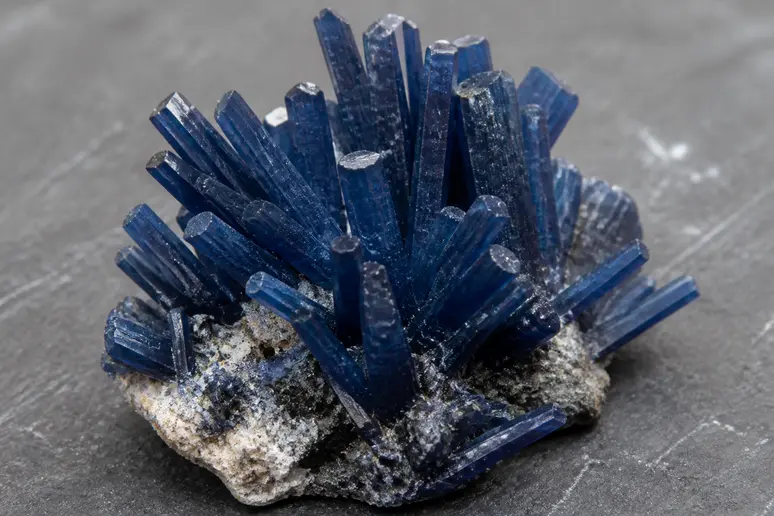 Cristaux prismatiques de vivianite présentés sur une surface neutre montrant leur structure