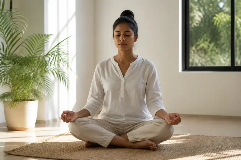 Personne assise en position de méditation pour pratiquer un exercice d ancrage lent