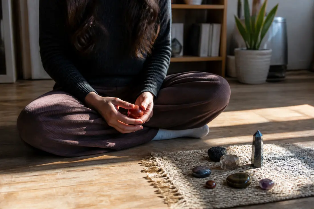 Une personne assise sur un tapis en bois explore le chakra racine signification avec une pierre rouge.