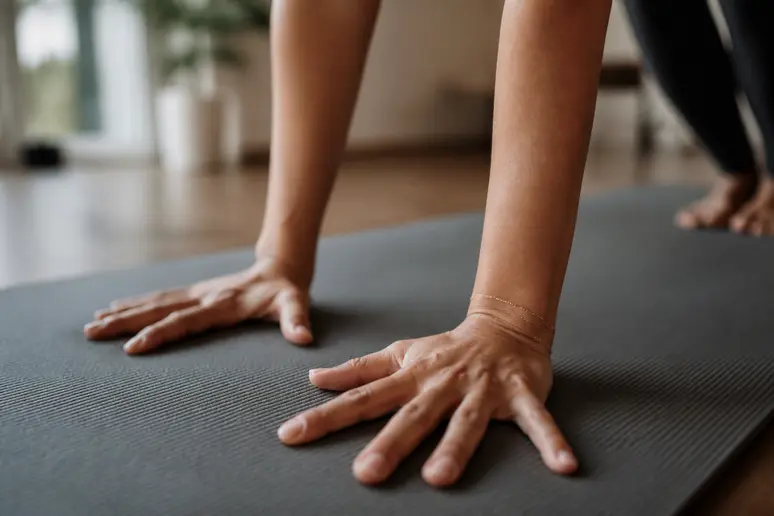 Mains placées à largeur d'épaules sur un tapis pour trouver la distance en chien tête en bas.
