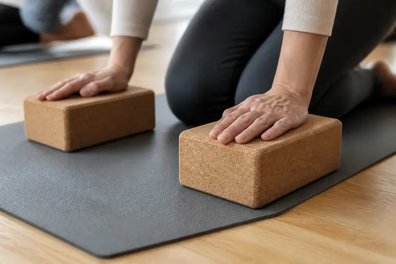 Briques de yoga placées sous les mains pour adapter l'alignement du dos chez les débutants.