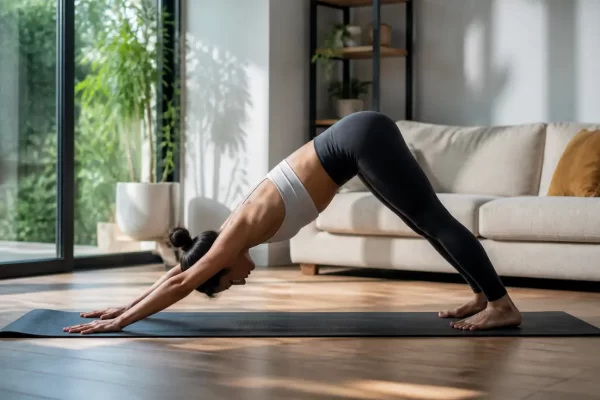 Pratique du chien tête en bas alignement correct dans un salon lumineux.