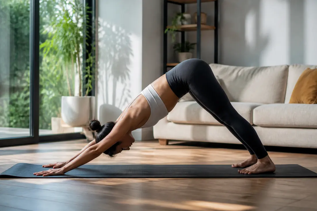 Pratique du chien tête en bas alignement correct dans un salon lumineux.