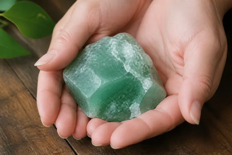 Mains tenant une pierre d aventurine verte brute pour un usage personnel quotidien