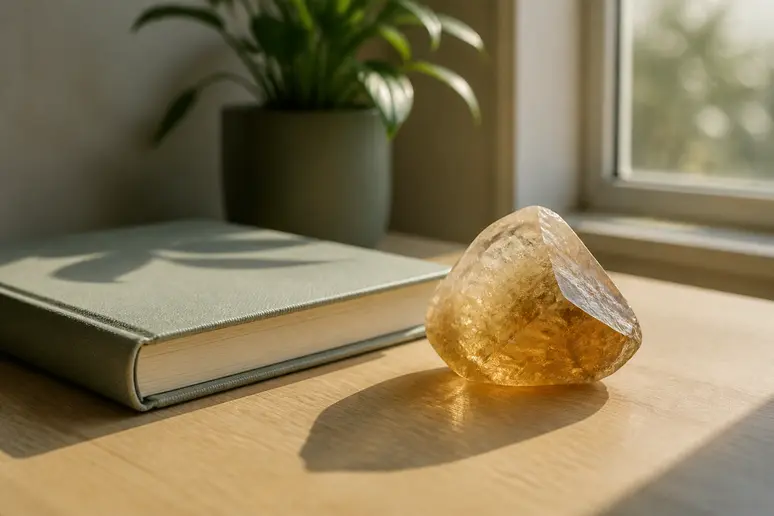 Cristal de citrine jaune posé près d un carnet sur un bureau lumineux
