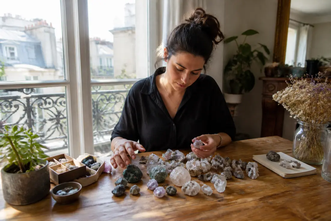 Une personne trie des minéraux sur une table en bois lumineuse avec une pierre pour la santé