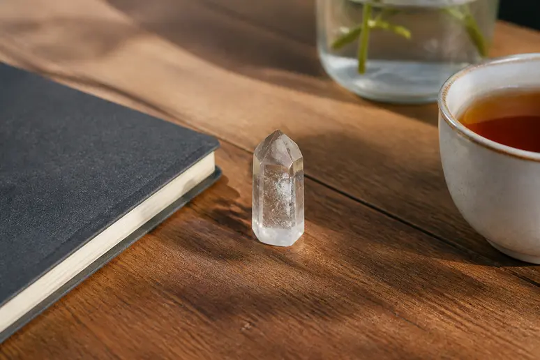 Un quartz rose posé sur un bureau près d'une tasse