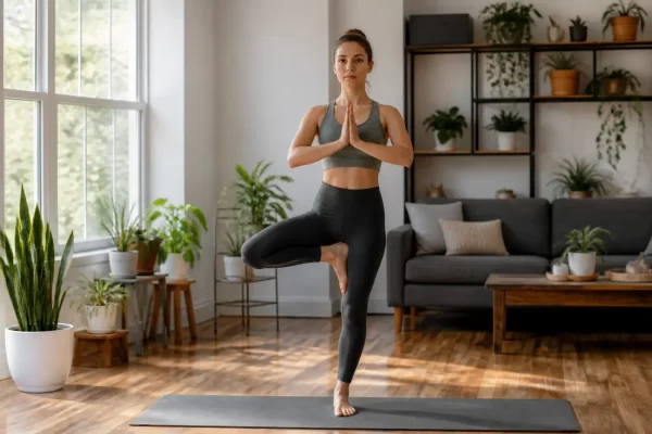 Une femme pratique la posture arbre concentration dans un salon lumineux avec des plantes vertes