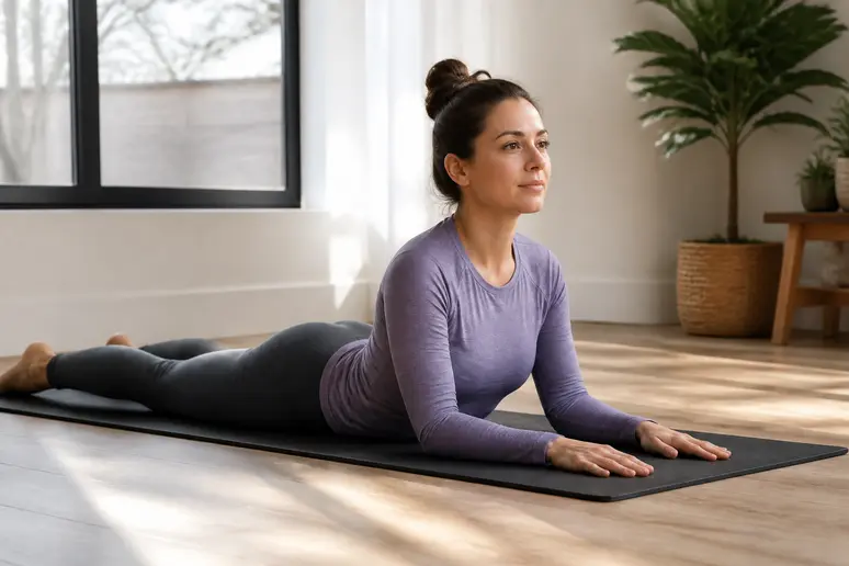 Variante de la posture du cobra en appui sur les avant-bras sur un tapis de yoga