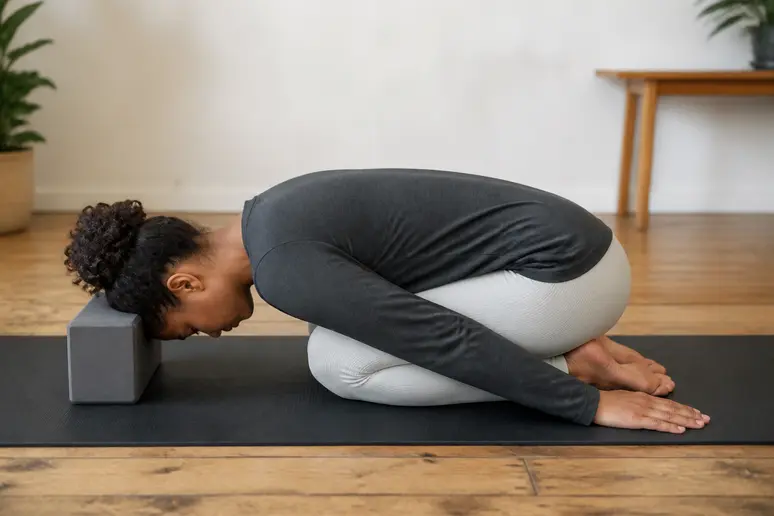 Utilisation d'une brique de yoga pour soutenir le front dans la posture enfant relaxation