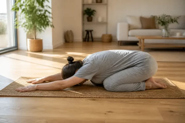 pratique de la posture enfant relaxation sur un tapis en fibre naturelle dans un salon lumineux