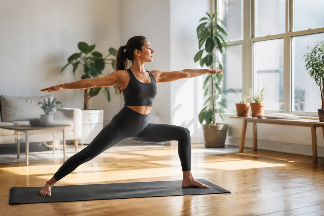 Une femme pratique la posture guerrier bienfaits dans un salon lumineux avec des plantes.