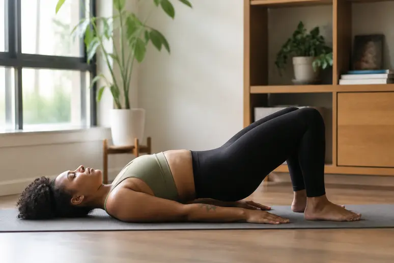 Pratique du demi-pont sur un tapis avec les genoux pliés et les pieds à plat au sol.