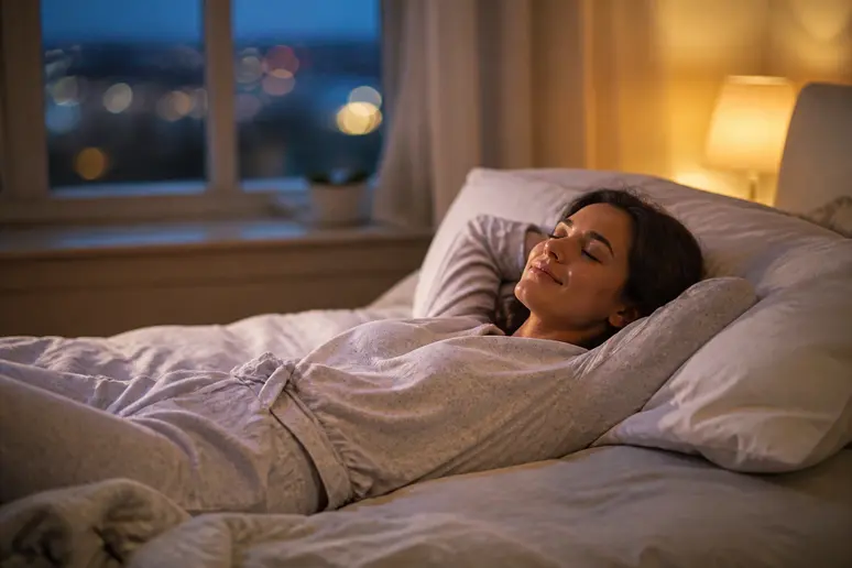 Personne détendue allongée dans une chambre tamisée pratiquant un exercice de respiration pour s'endormir