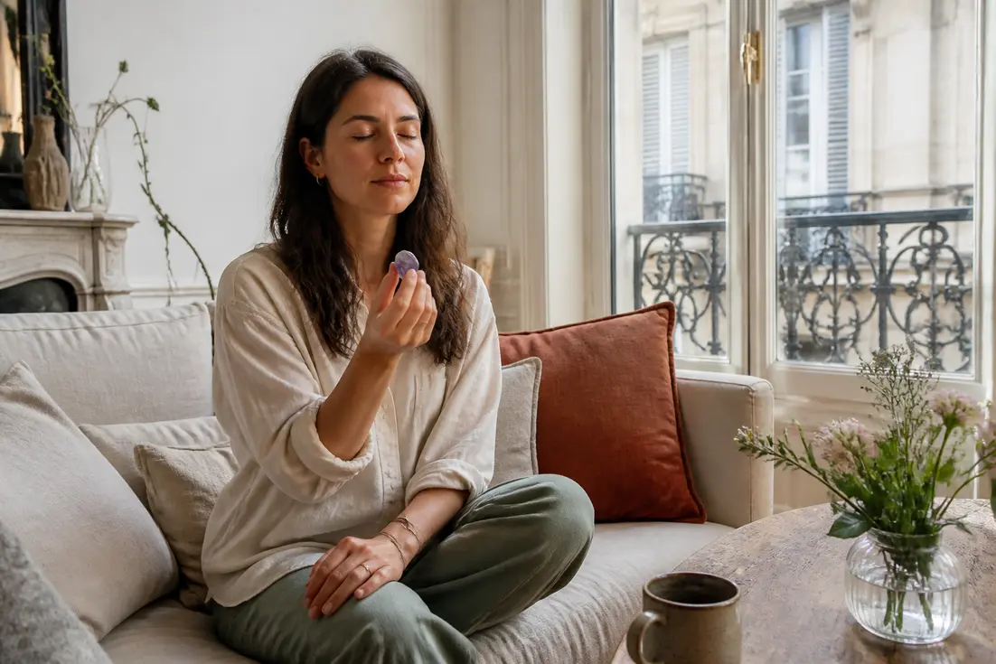 Femme détendue sur un canapé tenant un cristal pour la respiration pour s'endormir
